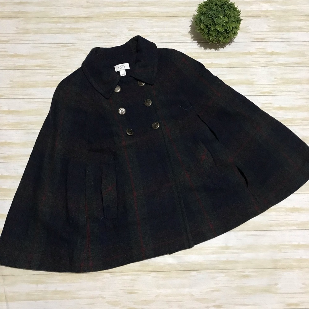Ann Taylor Loft Plaid Tartan Wool Double Breasted Cape Cloak Women’s Size Small